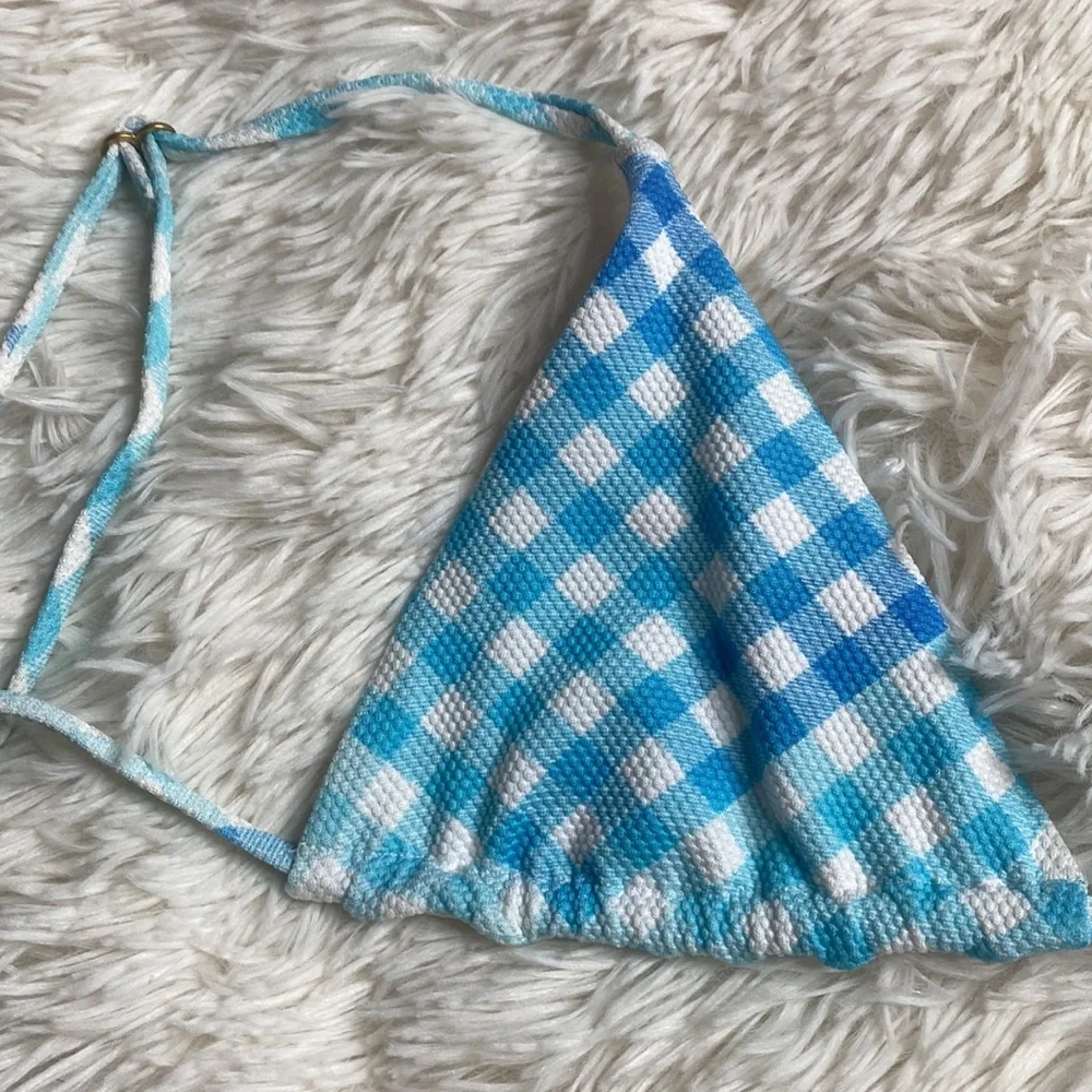 L Space by Monica Wise Blue White Checkered Bikini Swim Top Size Medium